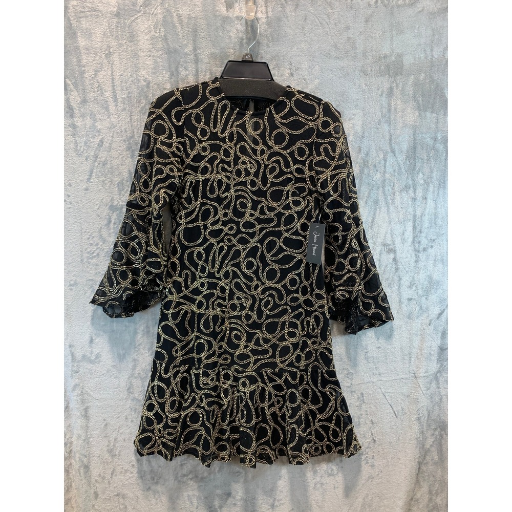 Jessica Howard Black Gold Chain Mesh Bell Sleeve Cocktail Dress 4P JH4P6855